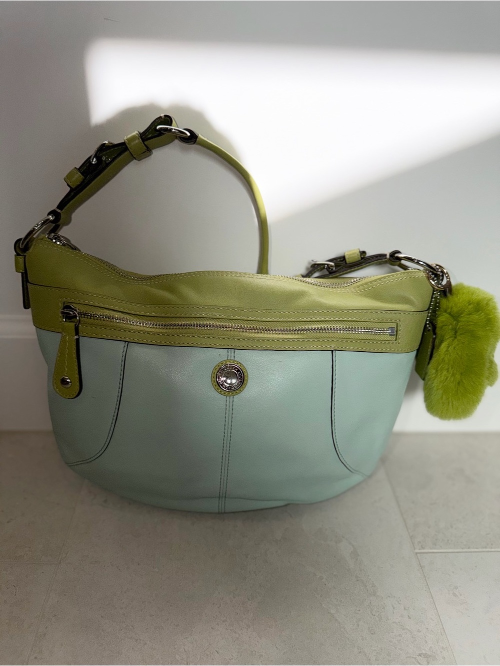 Coach Light Green/Lime and Mint/Seafoam Leather Laura Hobo Shoulder Bag